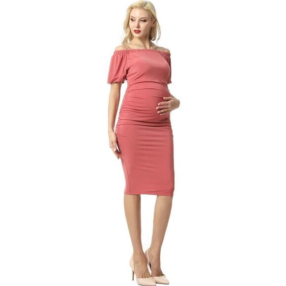 Kimi + Kai Maternity "Becka" Convertible Shoulder Ruched Dress size S NWOT - Picture 2 of 10